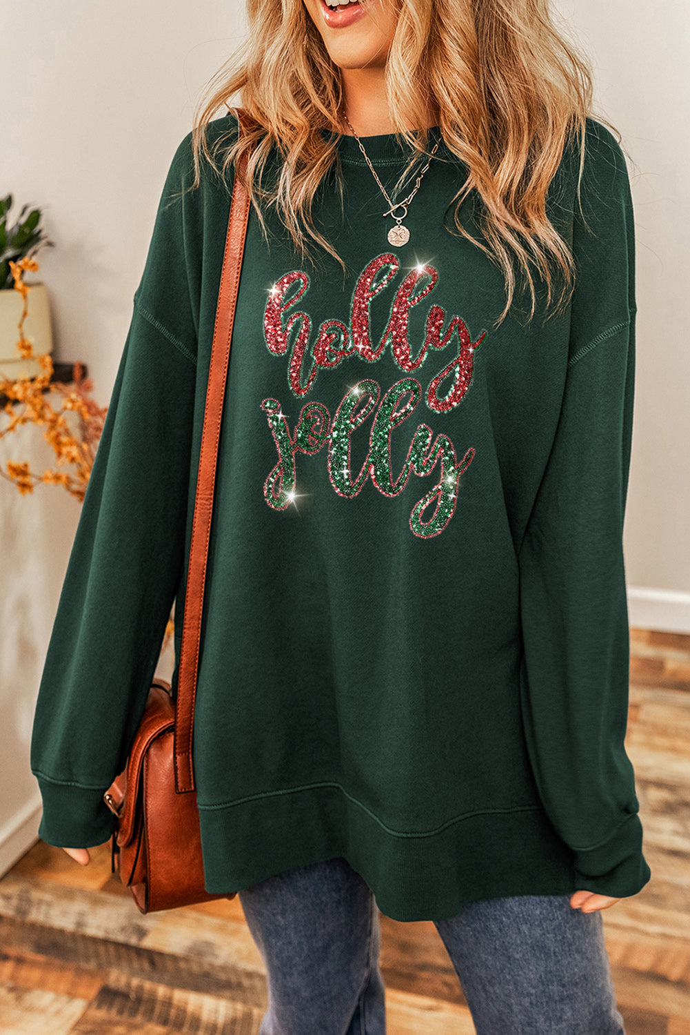 Duffel Green Holly Jolly Sparkle Pattern Drop Shoulder Sweatshirt Duffel Green 50%Polyester+50%Cotton Graphic Sweatshirts JT's Designer Fashion