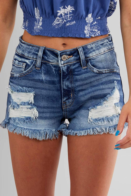 Blue Frayed Hem High Waist Denim Shorts Denim Shorts JT's Designer Fashion