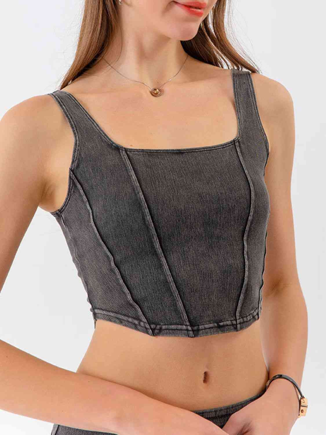 Seam Detail Cropped Denim Tank Charcoal Crop Tops JT's Designer Fashion