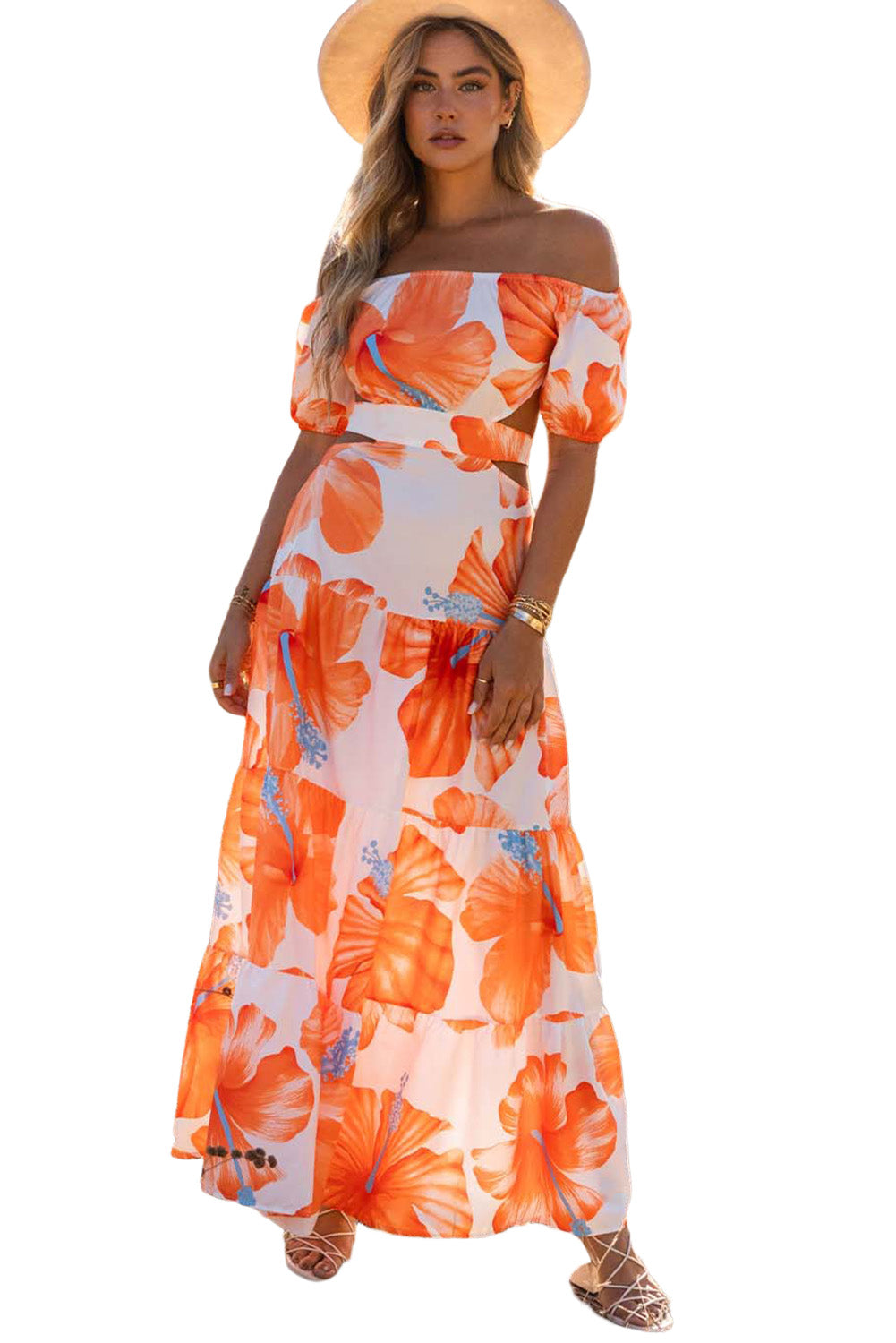 Orange Floral Print Off Shoulder Backless Maxi Dress Floral Dresses JT's Designer Fashion