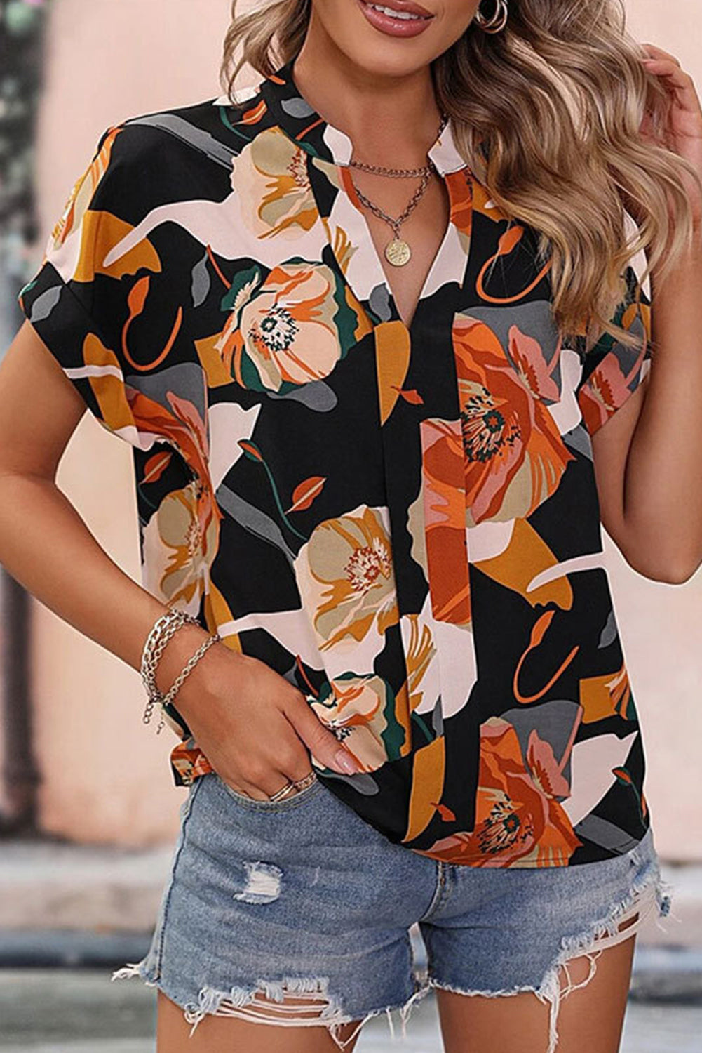 Black Floral Print Stand Collar Split V Short Sleeve Blouse Black 95%Polyester+5%Elastane Blouses & Shirts JT's Designer Fashion