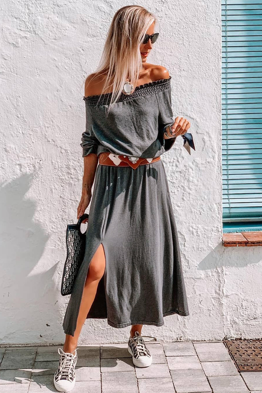 Gray Shirred Off Shoulder Maxi Dress with Split Maxi Dresses JT's Designer Fashion