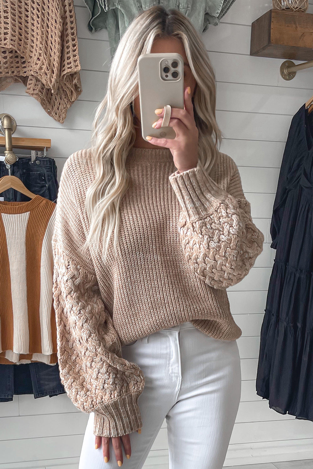 Parchment Cable Knit Sleeve Drop Shoulder Sweater Sweaters & Cardigans JT's Designer Fashion