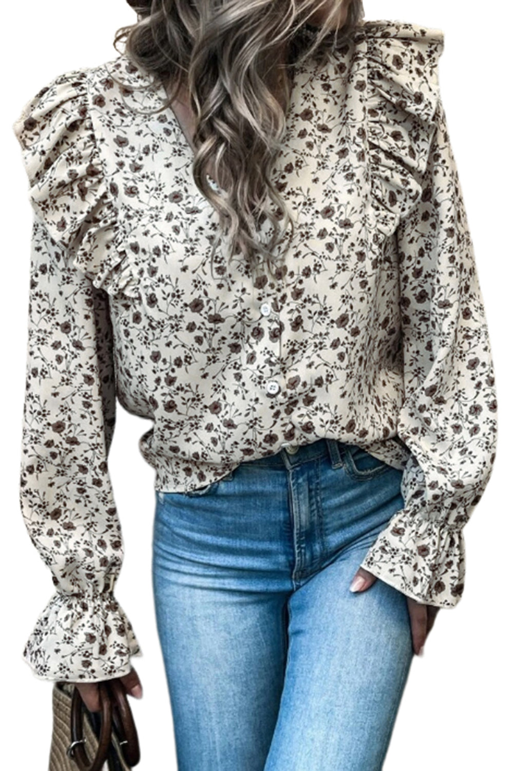 Floral Print V Neck Ruffled Blouse Blouses & Shirts JT's Designer Fashion