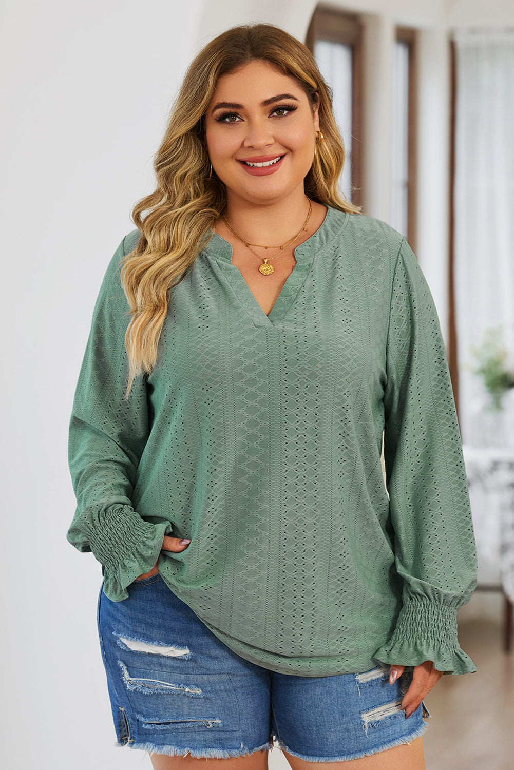 Green Eyelet Embroidered Split Neck Flounce Sleeve Curvy Top Plus Size JT's Designer Fashion