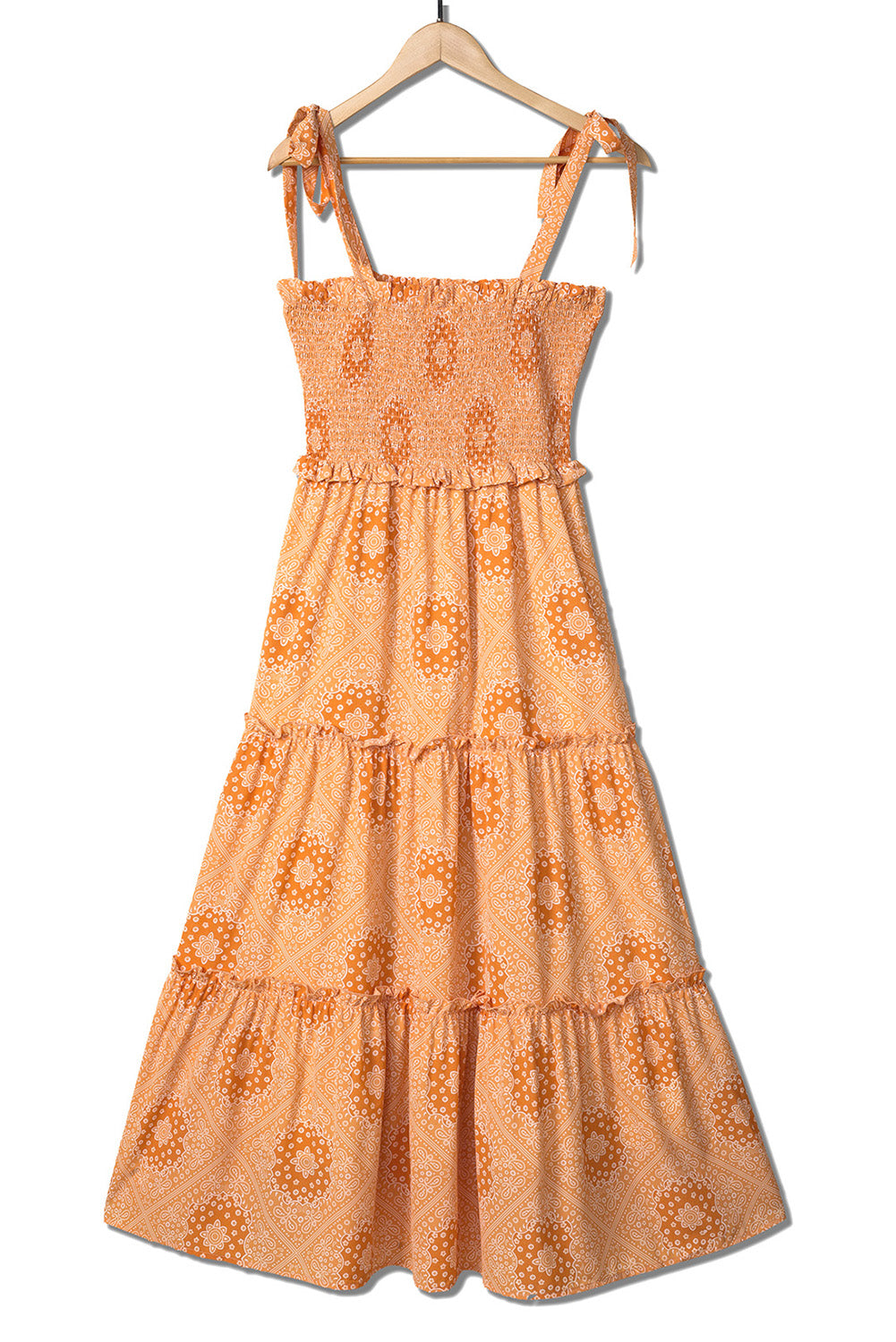 Orange Boho Floral Print Lace-up Straps Tiered Smocked Maxi Dress Floral Dresses JT's Designer Fashion