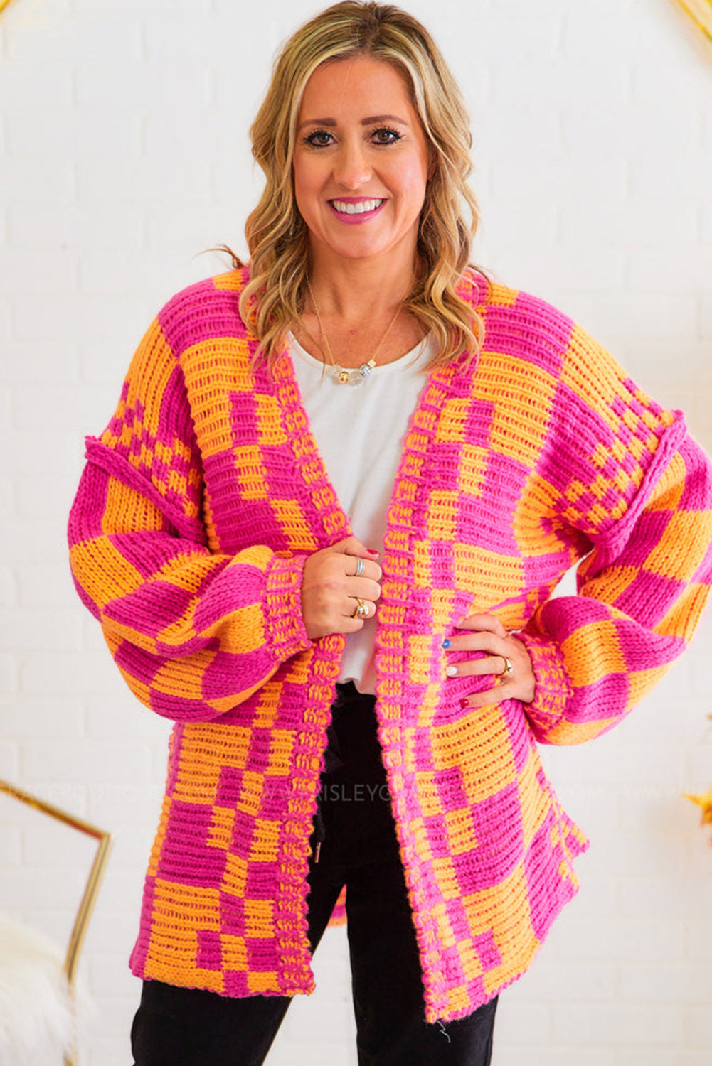 Multicolour 2-tone Checkered Plus Size Cardigan Sweater Plus Size JT's Designer Fashion