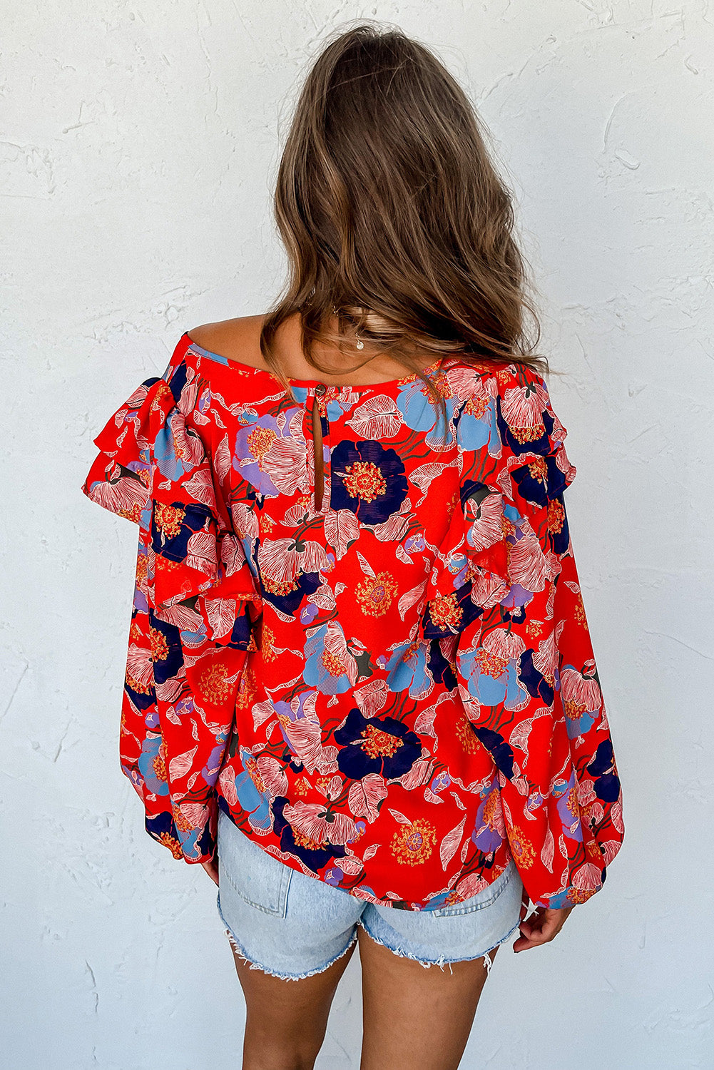 Orange Printed Boat Neck Ruffle Puff Sleeve Plus Size Floral Blouse Plus Size JT's Designer Fashion