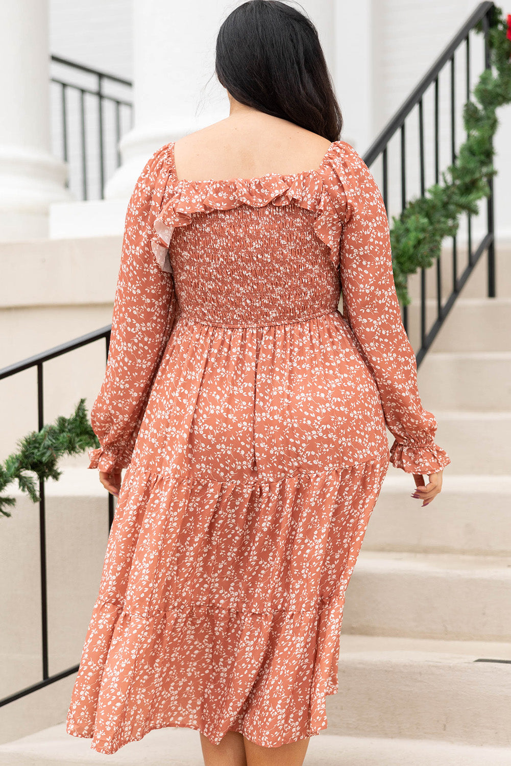 Orange Plus Size Floral Print Smocked Tiered Long Dress Plus Size Dresses JT's Designer Fashion