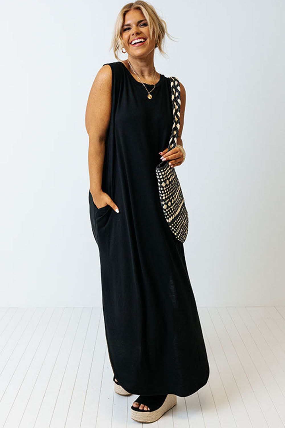 Black Plus Size Wide Sleeveless Shoulder Straps Maxi Dress Plus Size Dresses JT's Designer Fashion