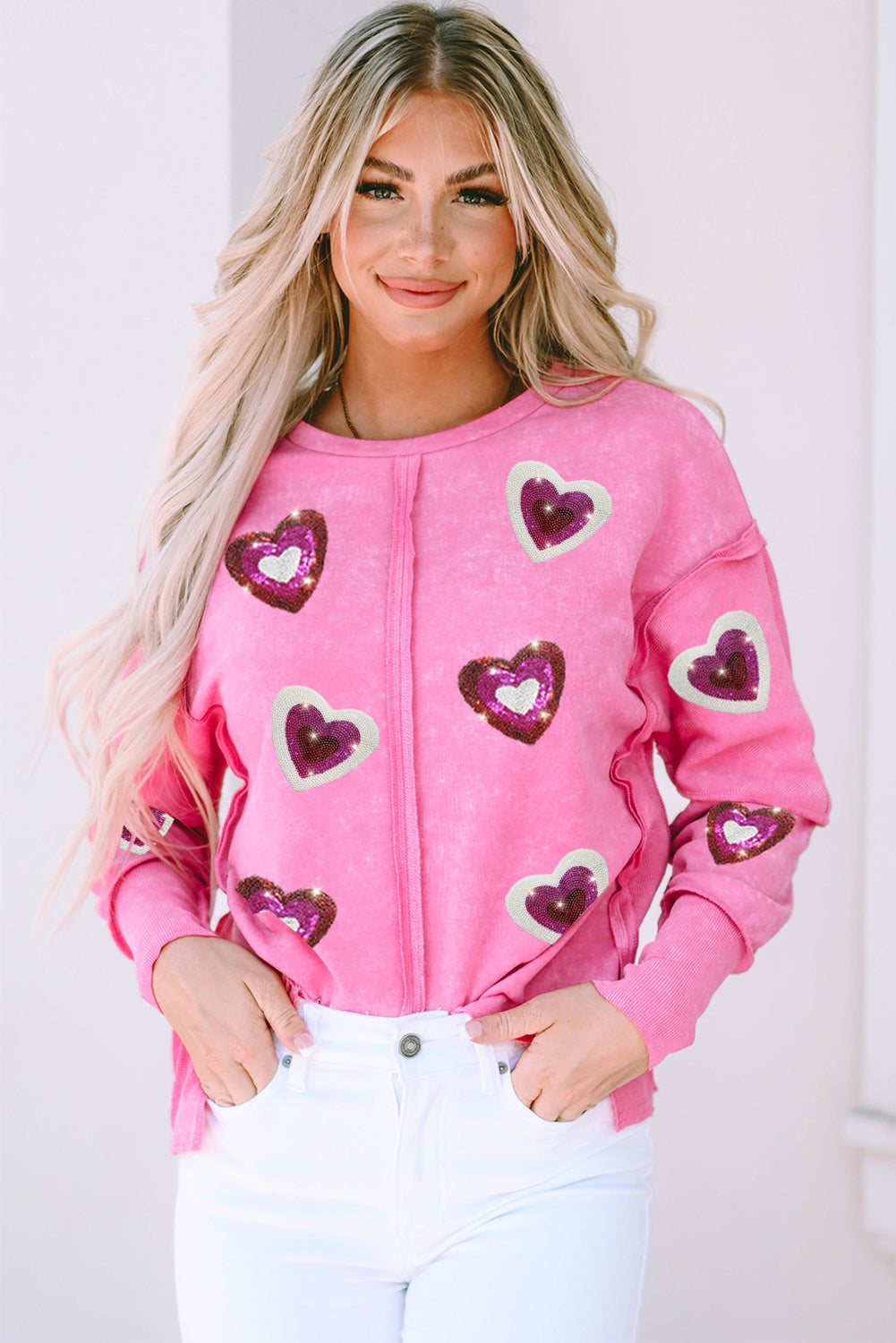 Rose Sequin Heart Shaped Exposed Seam Pullover Sweatshirt Graphic Sweatshirts JT's Designer Fashion