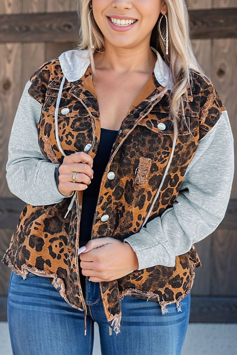 Multicolour Leopard Patchwork Hooded Plus Size Denim Jacket Plus Size JT's Designer Fashion