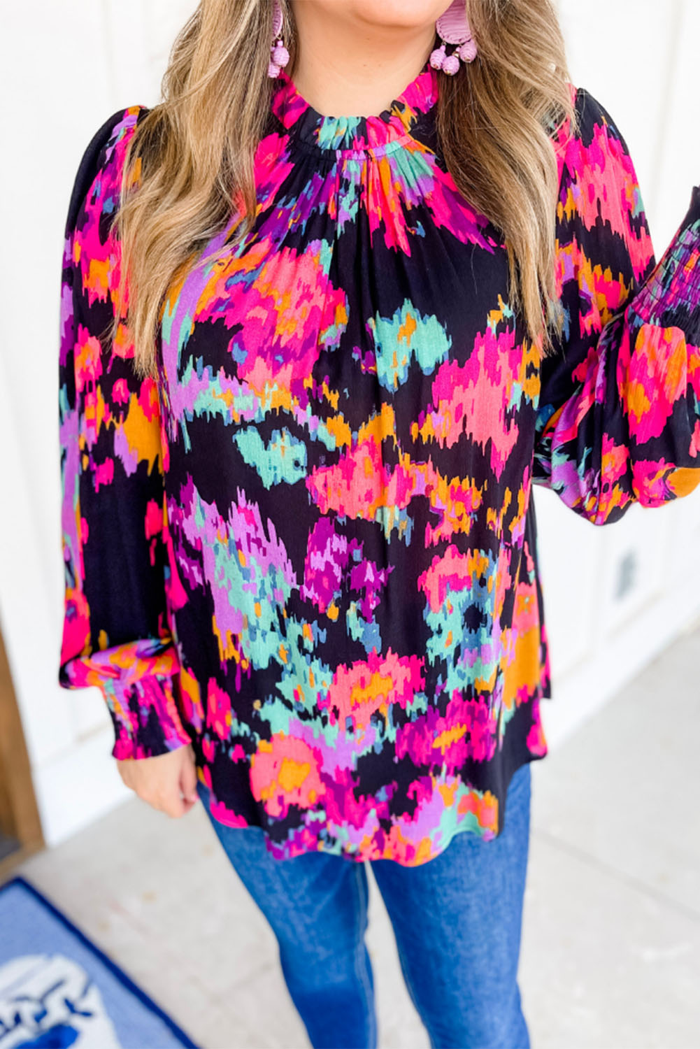 Black Plus Size Abstract Print Bubble Sleeve Blouse Plus Size JT's Designer Fashion