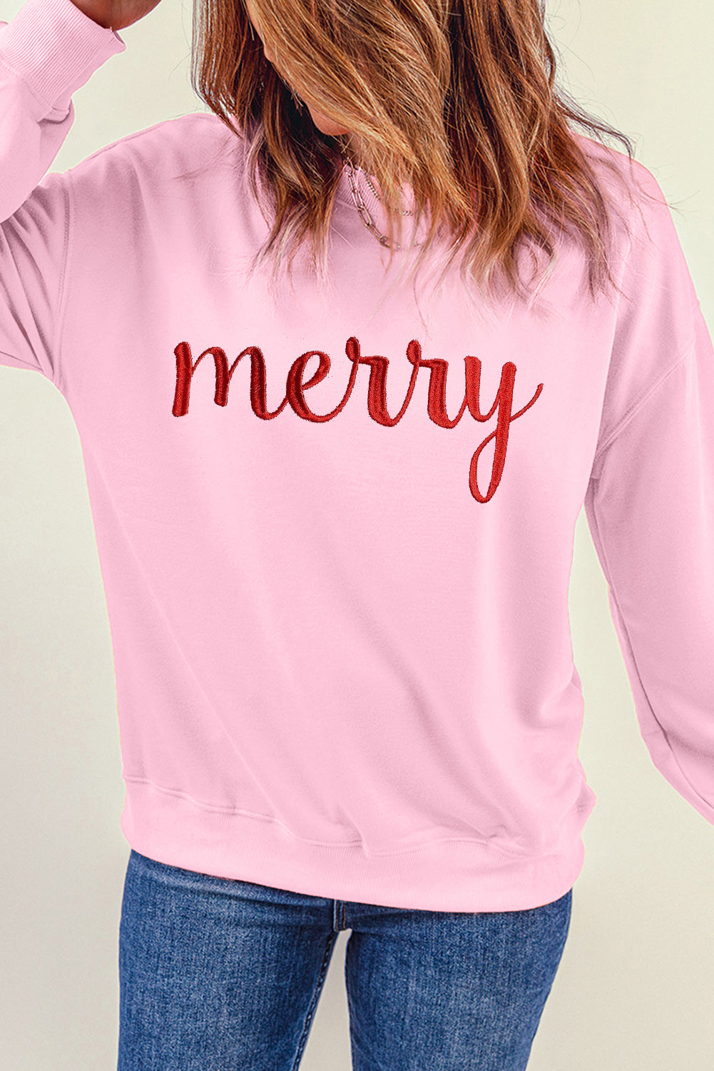 Pink merry Embroidered Drop Shoulder Sweatshirt Graphic Sweatshirts JT's Designer Fashion