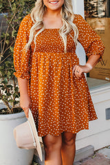 Yellow Boho Dotted Print Smocked Bust Plus Size Dress Yellow 100%Polyester Plus Size Dresses JT's Designer Fashion
