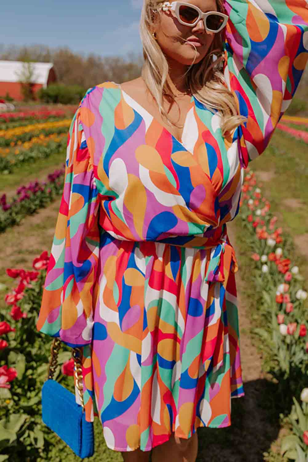 Multicolor Plus Size Abstract Print Wrap V Neck Bubble Sleeve Dress Dresses JT's Designer Fashion