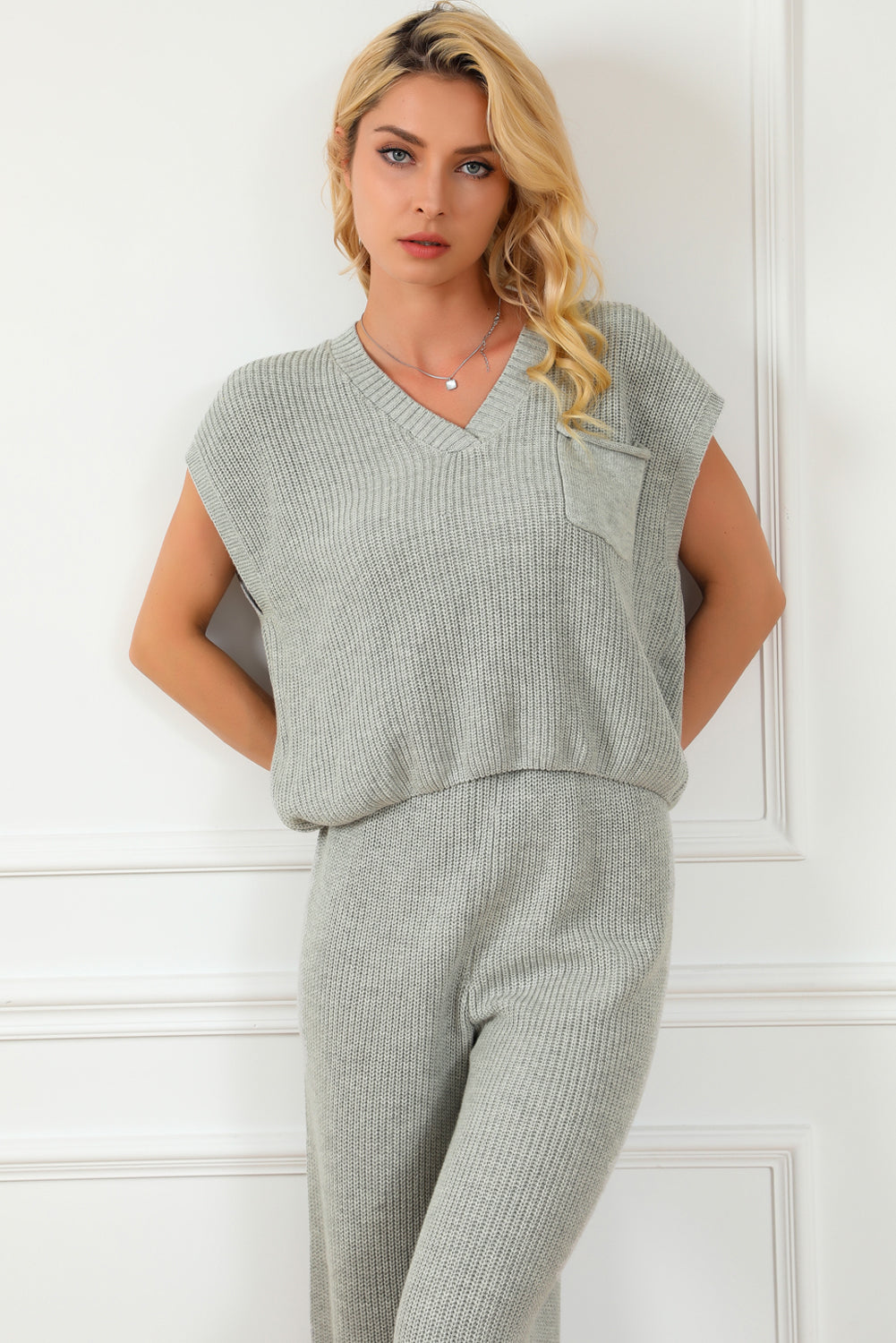 Gray Knitted V Neck Sweater and Casual Pants Set Bottoms JT's Designer Fashion