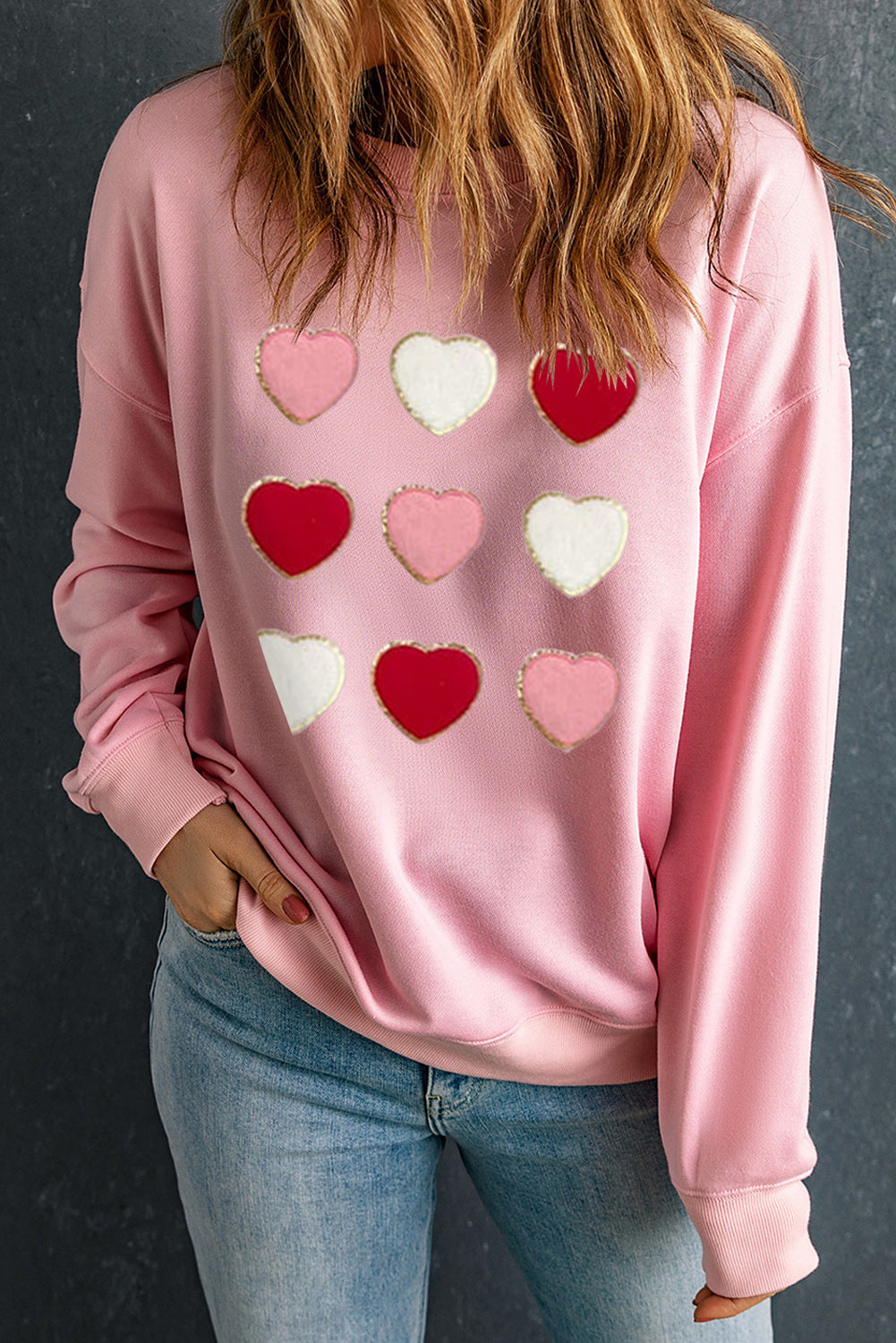 Pink Glitter Chenille Heart Patch Valentines Sweatshirt Graphic Sweatshirts JT's Designer Fashion