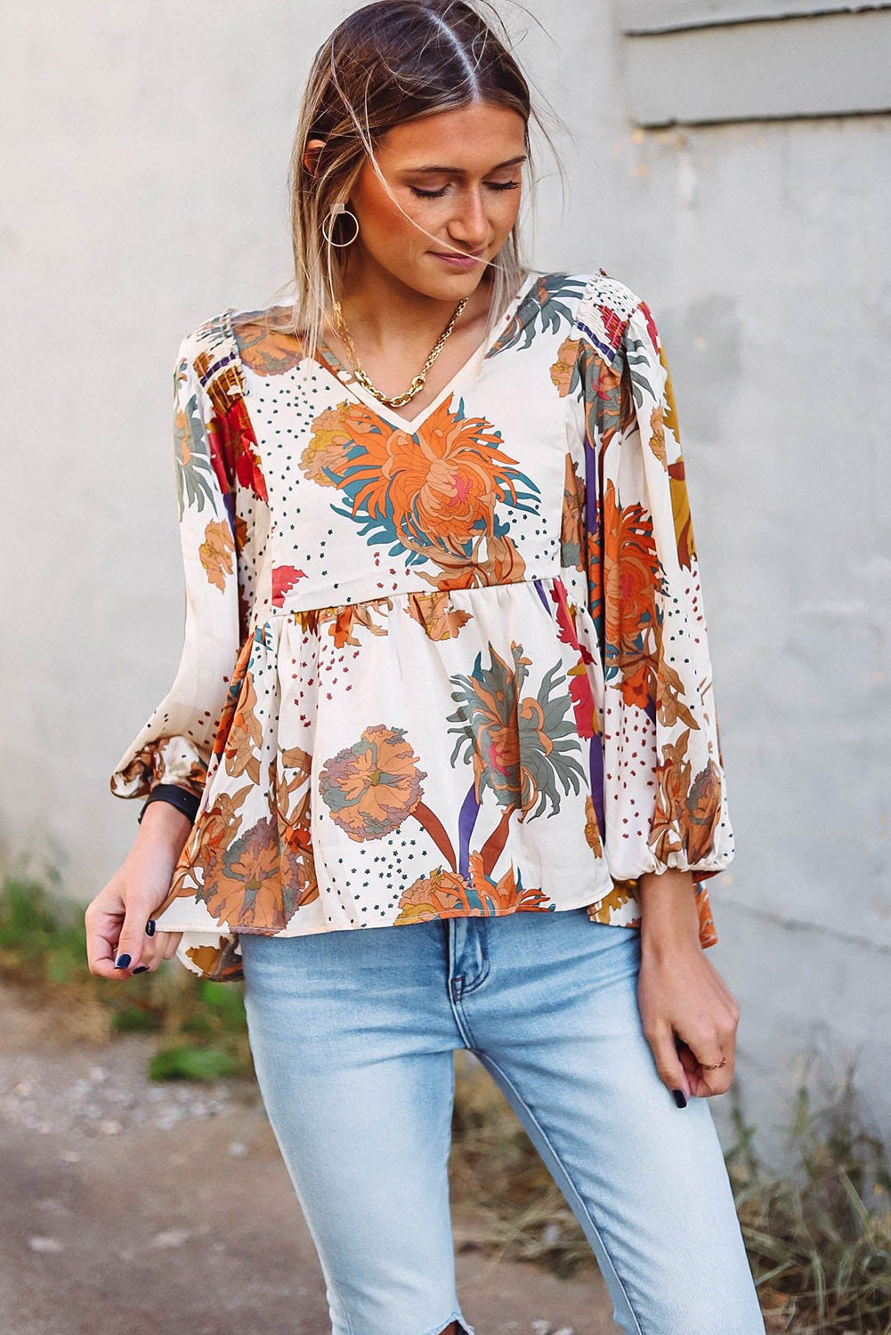 Multicolour Fall Floral Print V Neck Long Sleeve Babydoll Blouse Tops & Tees JT's Designer Fashion