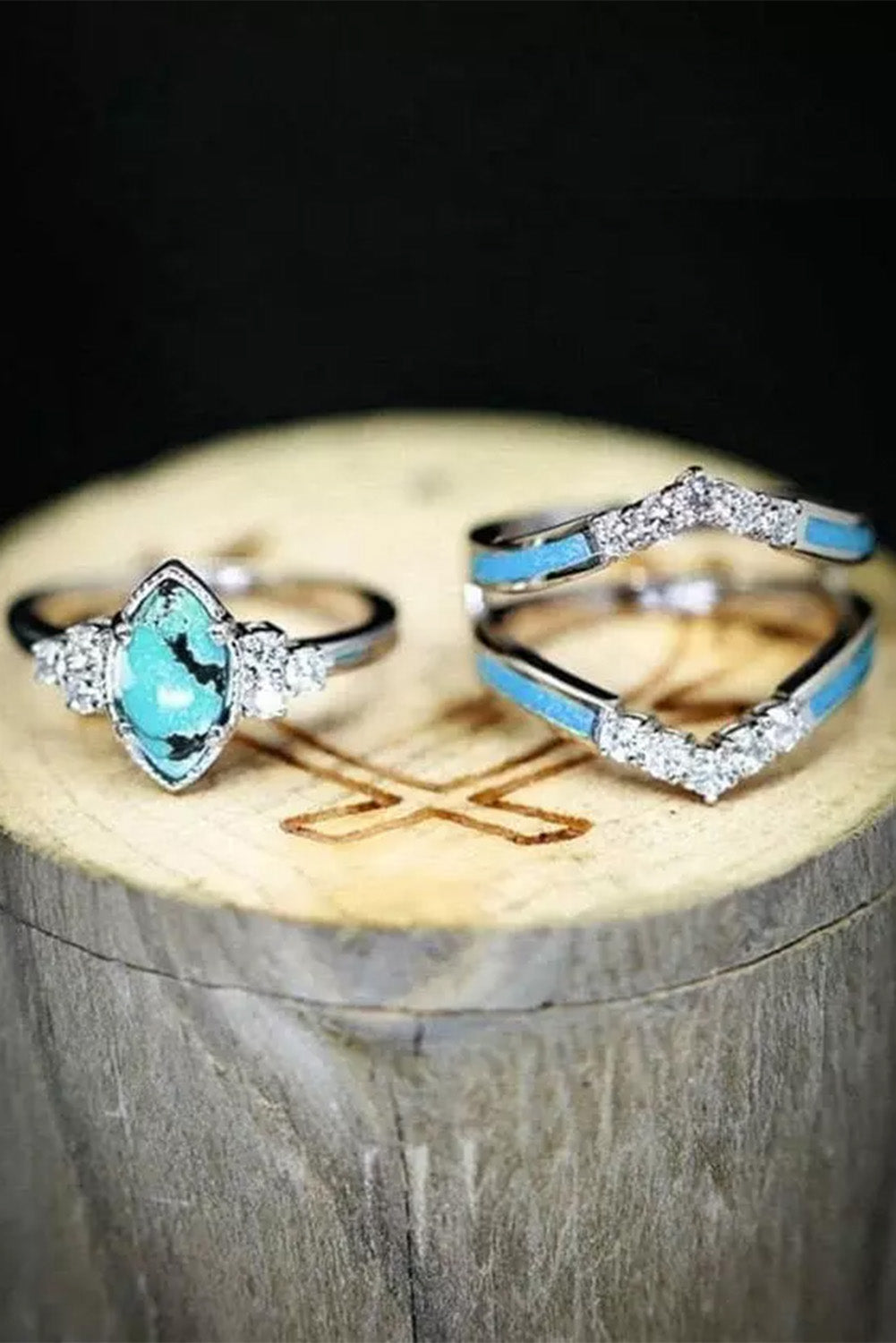 Silver 3Pcs Turquoise Rhinestone Ring Set Jewelry JT's Designer Fashion