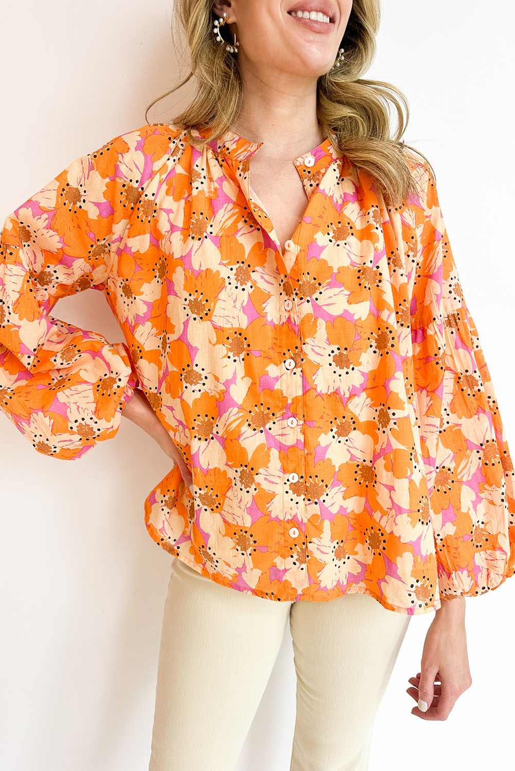 Orange Floral Print Loose Sleeve Shirt Tops & Tees JT's Designer Fashion