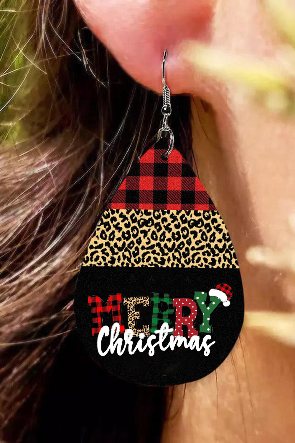 Black Merry Christmas Leopard Plaid Drop Earrings Jewelry JT's Designer Fashion