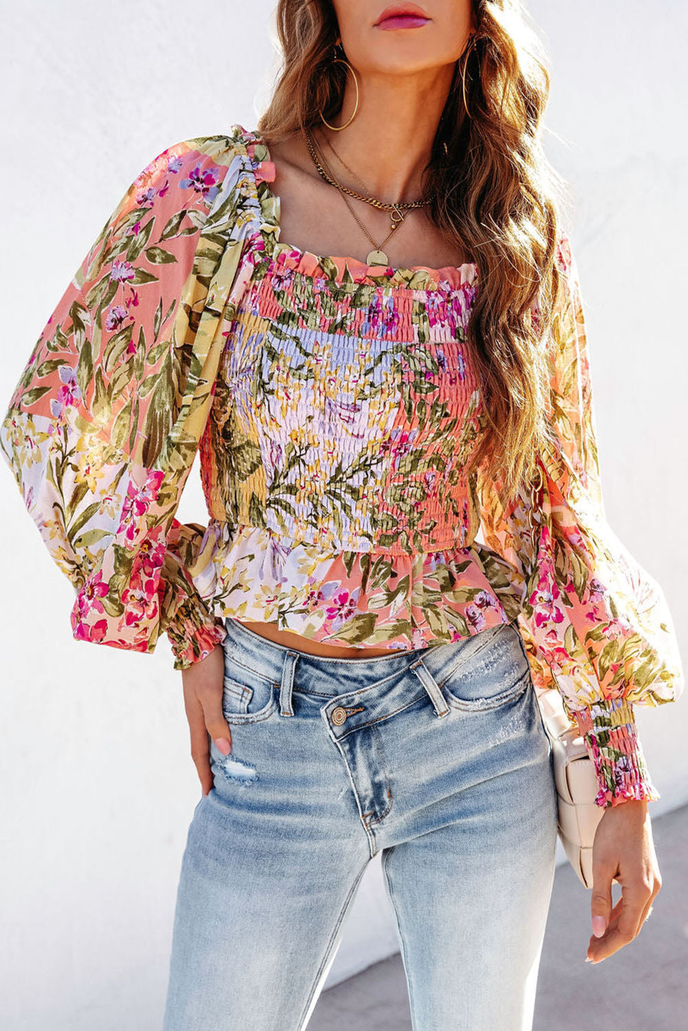 Multicolor Square Neck Ruffled Frilled Trim Floral Blouse Tops & Tees JT's Designer Fashion