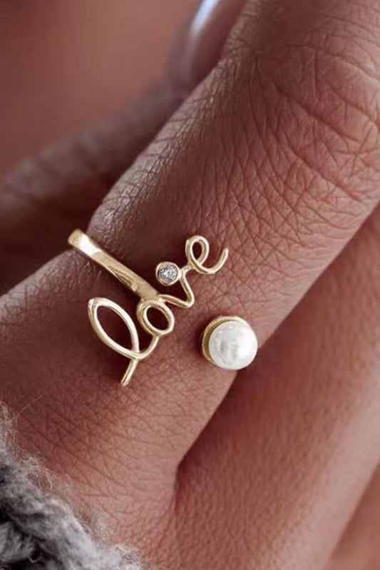 Gold Love Letter Zircon Pearl Open Ring Jewelry JT's Designer Fashion