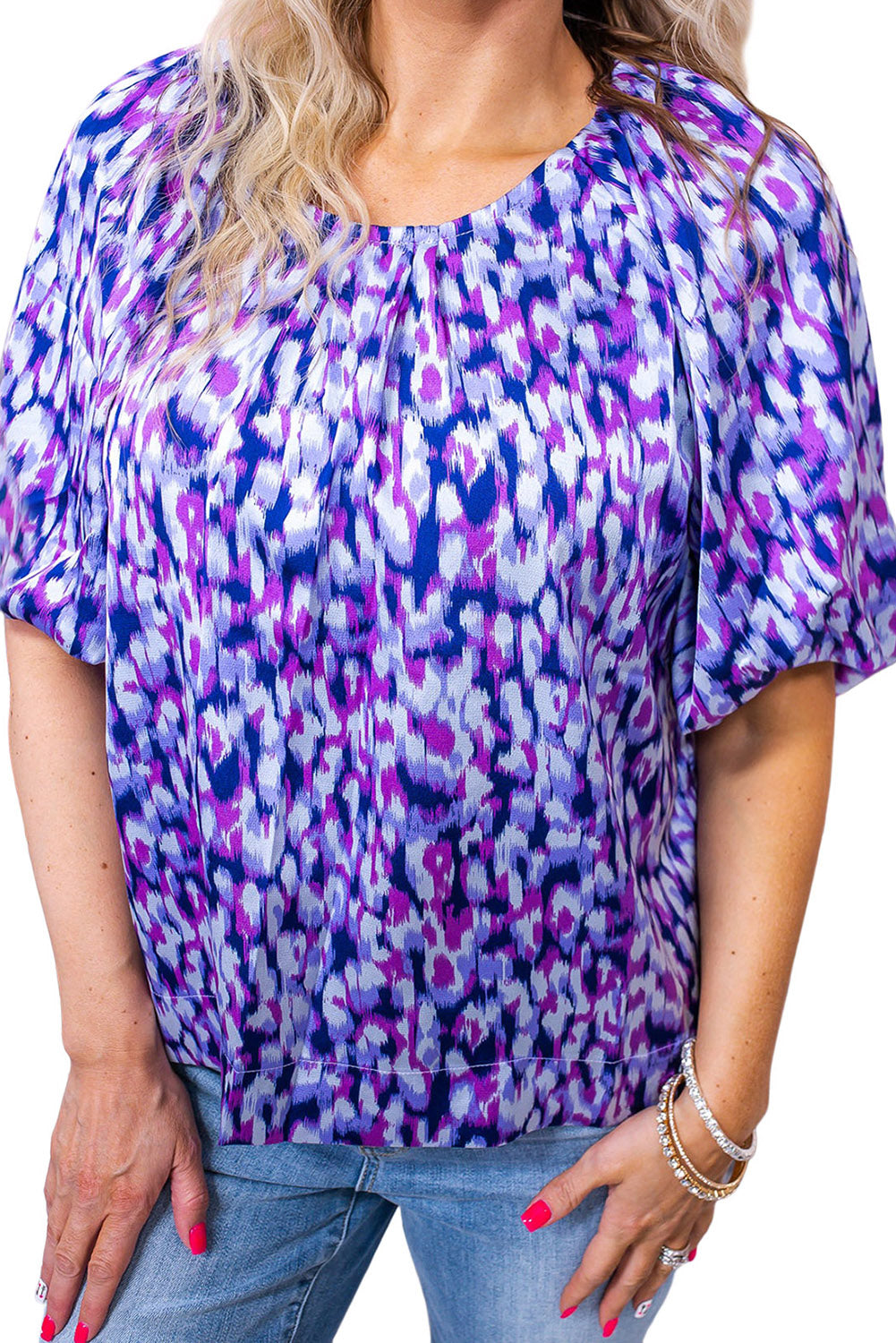 Purple Plus Size Printed Round Neck Bubble Sleeve Blouse Plus Size Tops JT's Designer Fashion