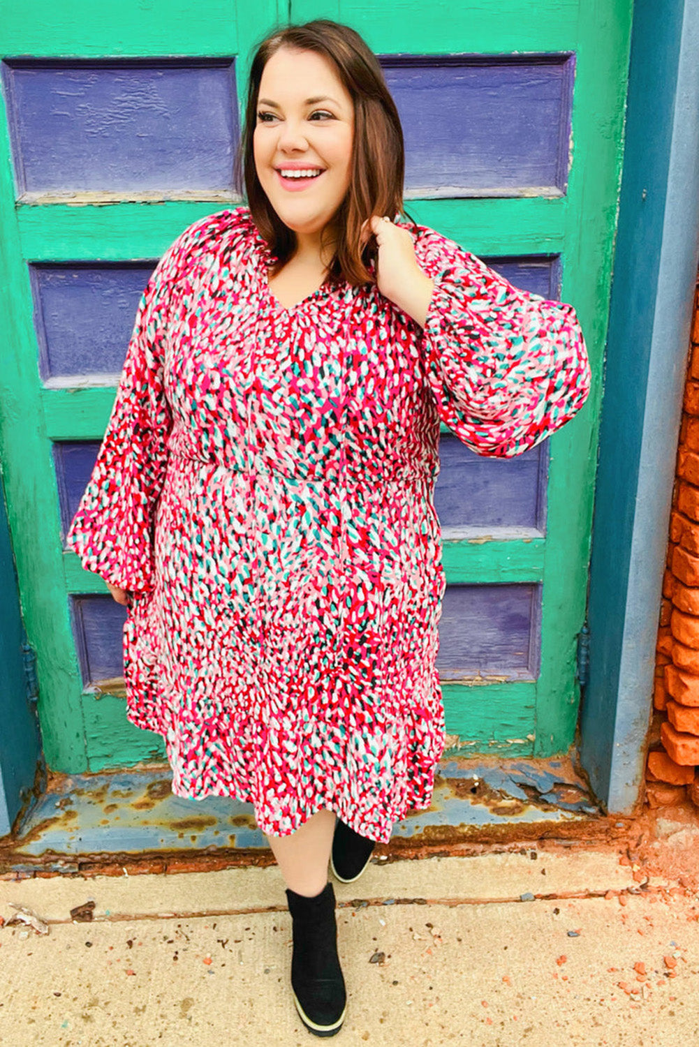 Rose Ditsy Printed Plus Size Long Sleeve Ruffle Dress Plus Size JT's Designer Fashion