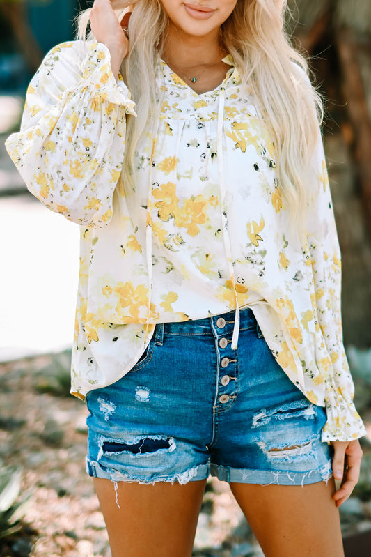 Yellow Floral Print Ruffled Puffy Sleeve Blouse Blouses & Shirts JT's Designer Fashion