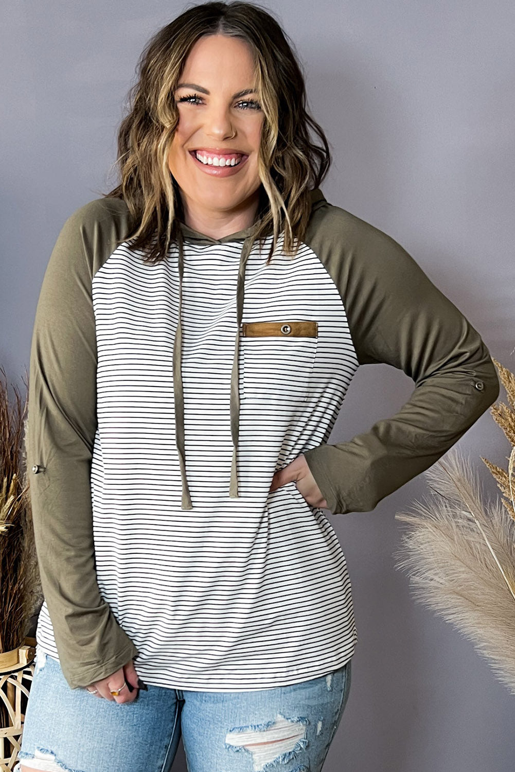 Green Striped Raglan Sleeve Buttoned Pocket Plus Size Hoodie Plus Size JT's Designer Fashion