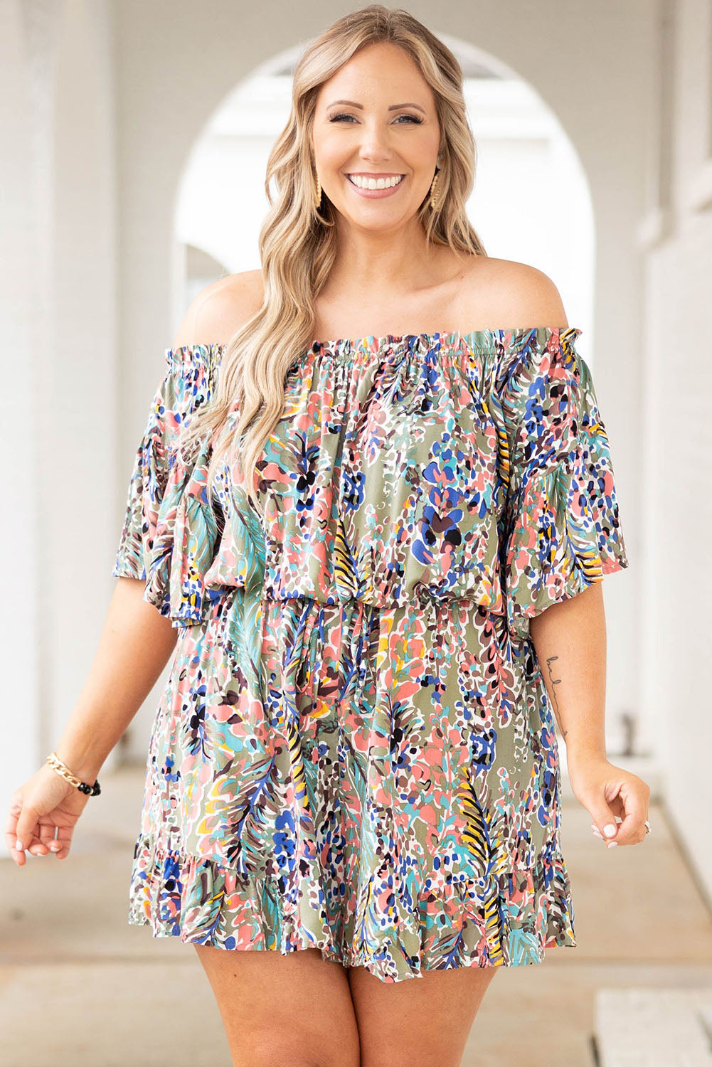 Green Plus Size Off Shoulder Floral Print Romper Plus Size Bottoms JT's Designer Fashion