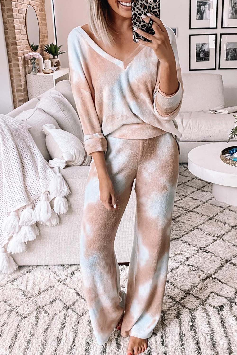 Multicolor Tie Dye Print V Neck High Waist Lounge Set Loungewear JT's Designer Fashion