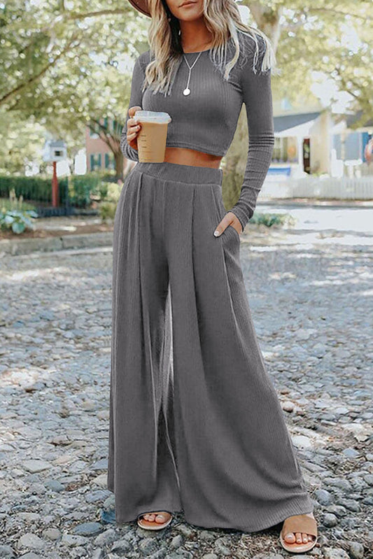 Gray Solid Color Ribbed Crop Top Long Pants Set Bottoms JT's Designer Fashion