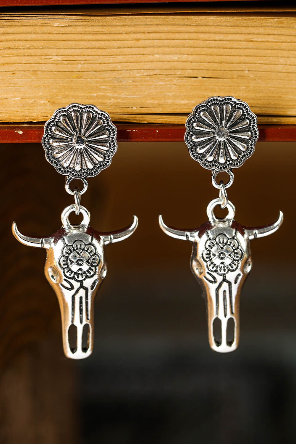 Silver Western Floral Steer Bull Earrings Jewelry JT's Designer Fashion