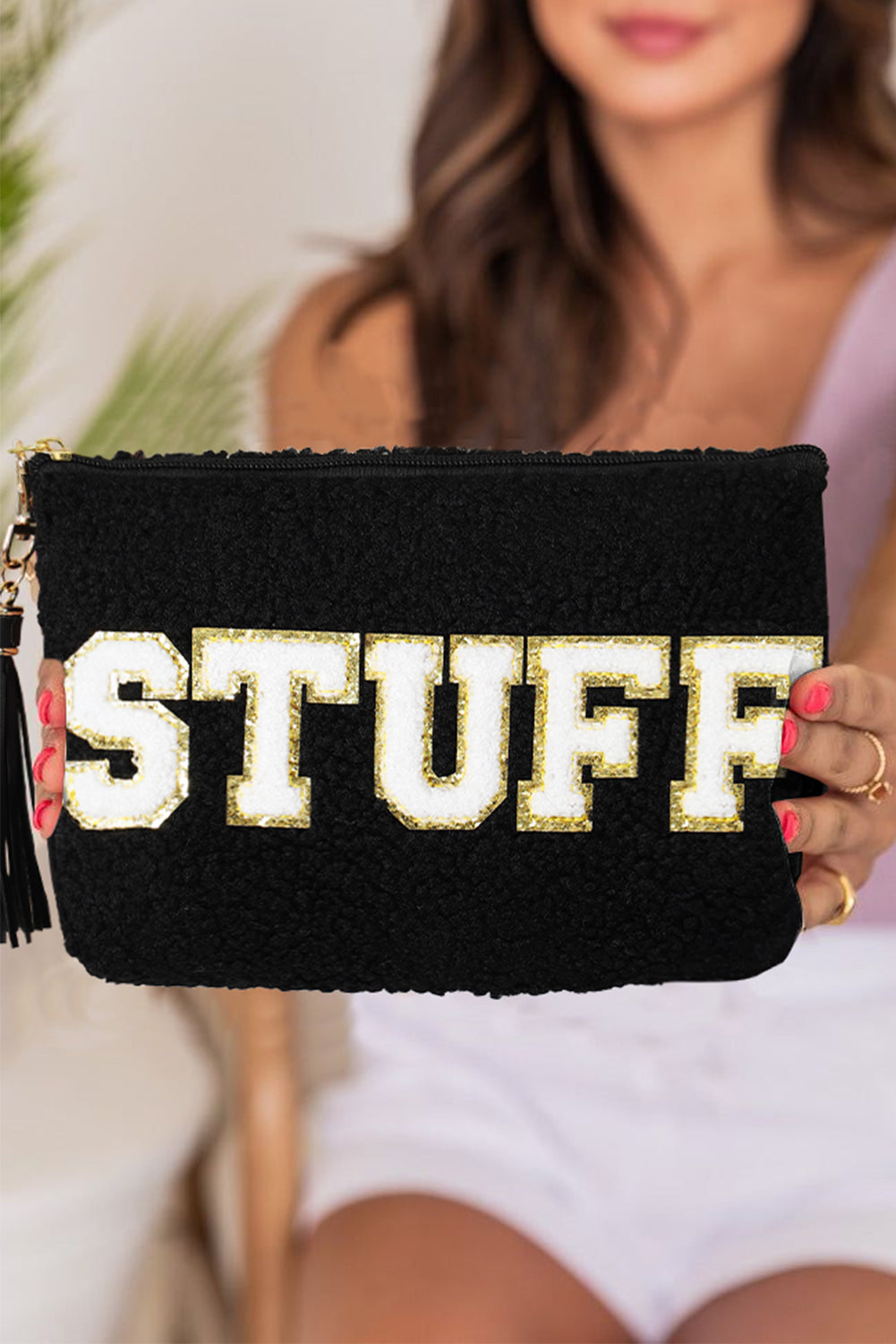 Black Sparkle Letter Pattern Tassel Zipper Makeup Bag Other Accessories JT's Designer Fashion