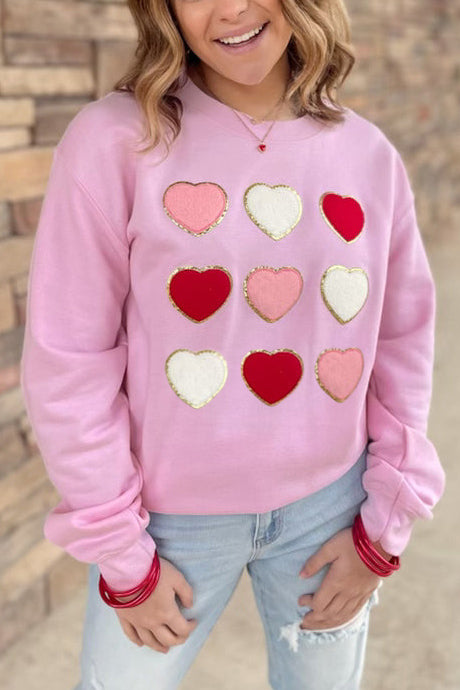 Pink Glitter Chenille Heart Patch Valentines Sweatshirt Pink 70%Polyester+30%Cotton Graphic Sweatshirts JT's Designer Fashion