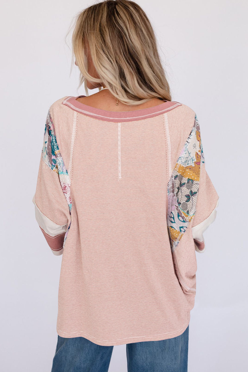 Pink Printed Pinstriped Color Block Patchwork Oversized Top Tops & Tees JT's Designer Fashion