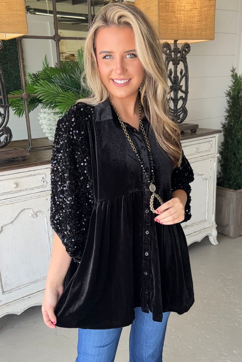 Black Sequin Puff Sleeve Buttoned Velvet Babydoll Blouse Tops & Tees JT's Designer Fashion