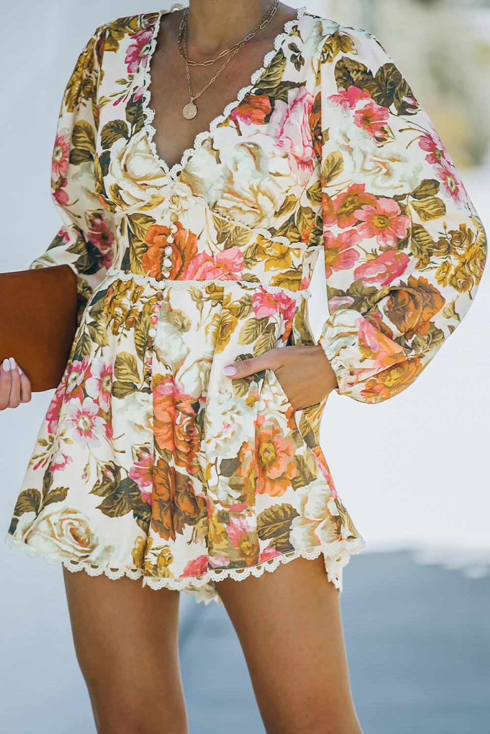 Floral Print V Neck Bishop Sleeve Lace Trim Romper Multicolor 100%Polyester Jumpsuits & Rompers JT's Designer Fashion