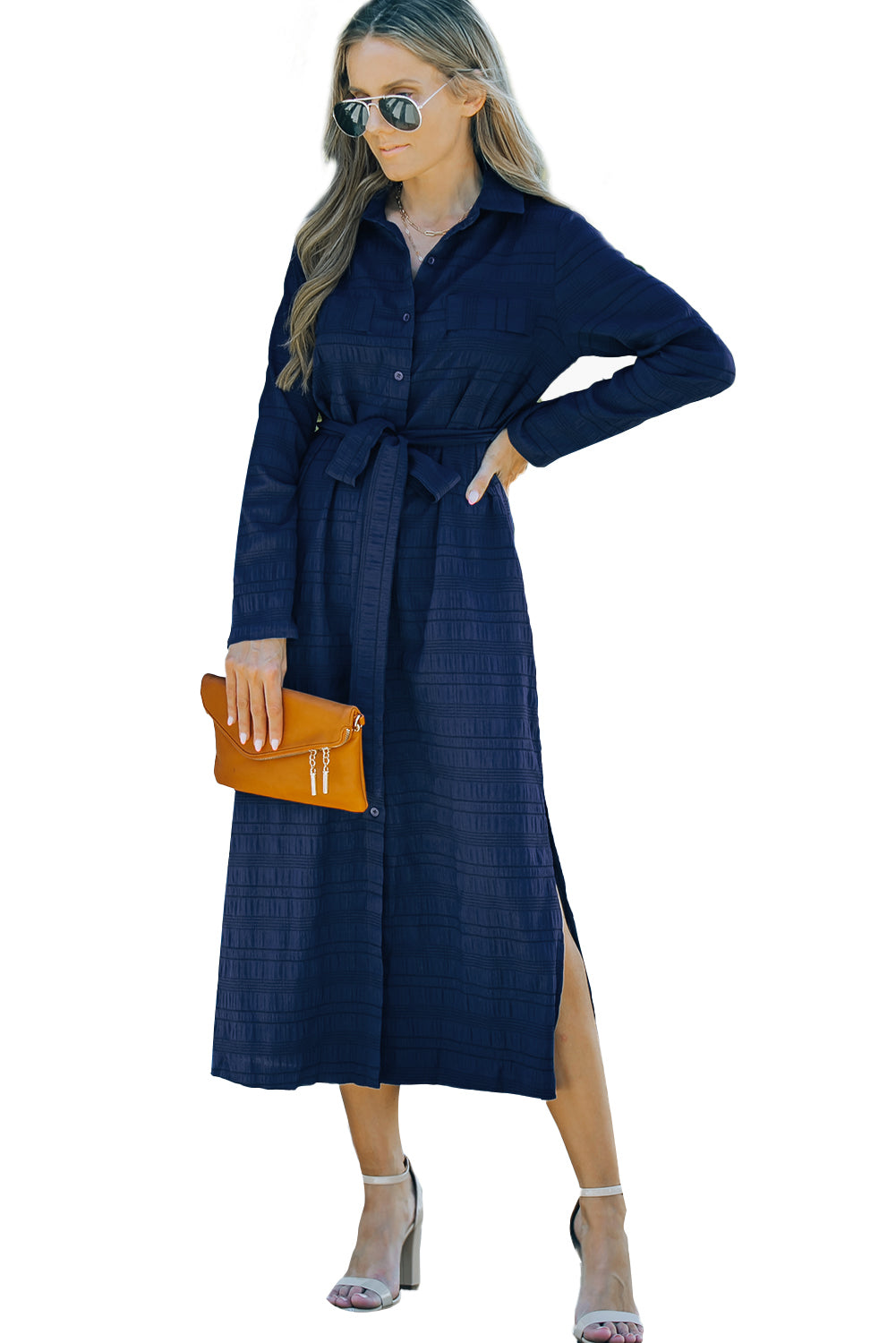 Blue Crinkle Textured Long Sleeve Shirt Dress with Belt T Shirt Dresses JT's Designer Fashion