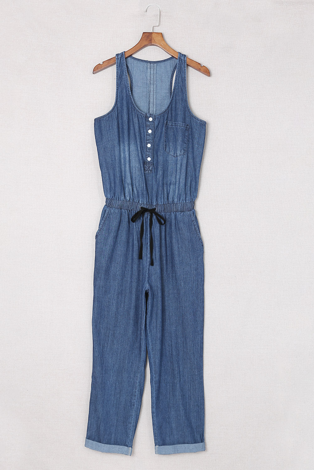 Blue High Waist Buttons Sleeveless Denim Romper Jumpsuits & Rompers JT's Designer Fashion