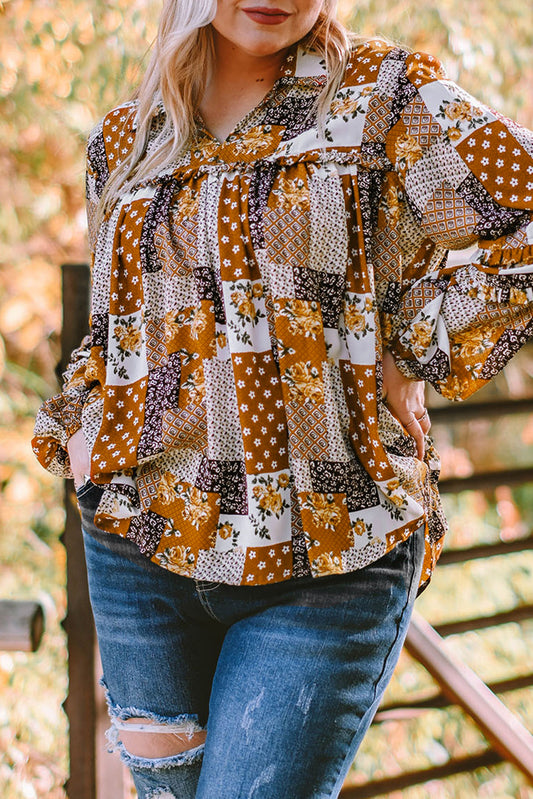 Apricot Turn-down Neck Mixed Print Plus Size Shirt Plus Size Tops JT's Designer Fashion