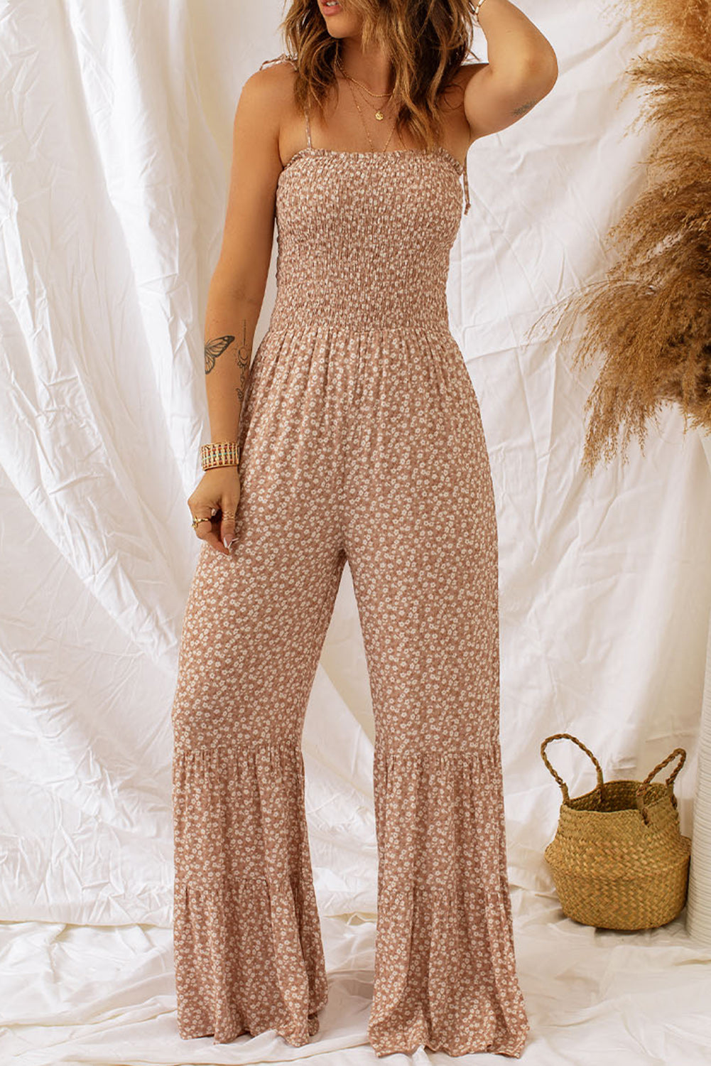 Khaki Thin Straps Smocked Bodice Wide Leg Floral Jumpsuit Jumpsuits & Rompers JT's Designer Fashion