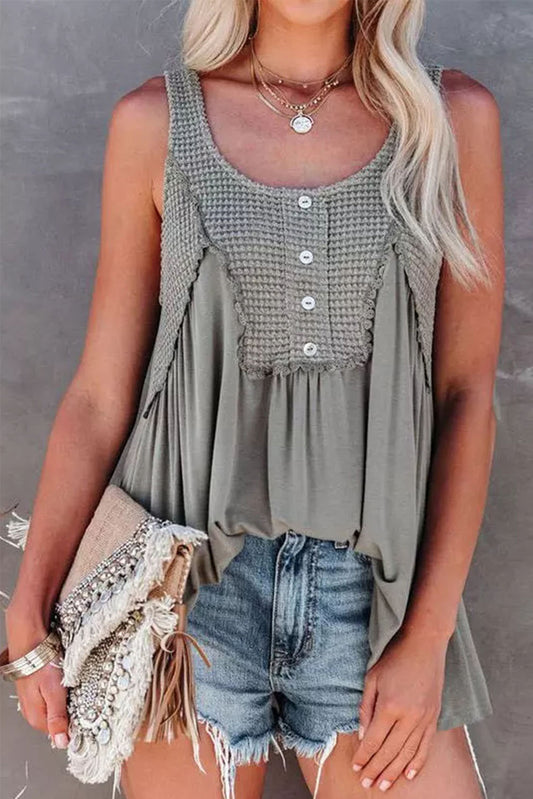 Gray Thermal Knit Panel Babydoll Tank Top Gray 65%Polyester+30%Viscose+5%Elastane Tank Tops JT's Designer Fashion