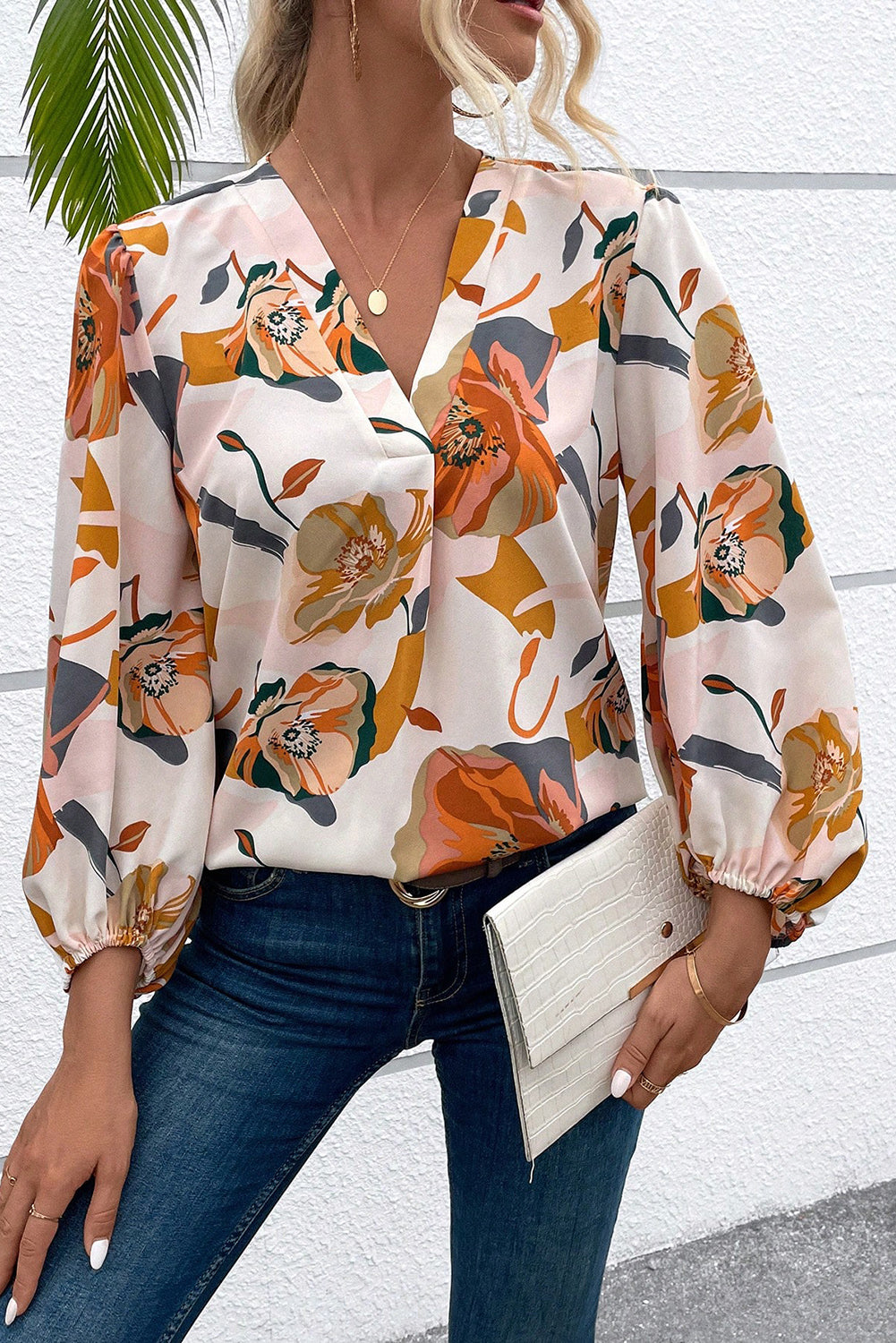 White Floral Print Lantern Sleeve Blouse Tops & Tees JT's Designer Fashion