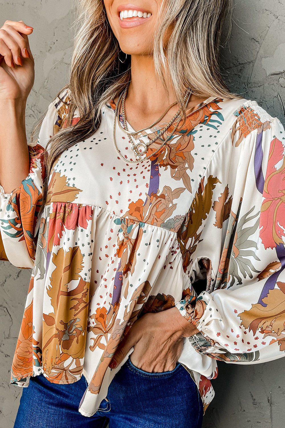 Multicolour Fall Floral Print V Neck Long Sleeve Babydoll Blouse Tops & Tees JT's Designer Fashion