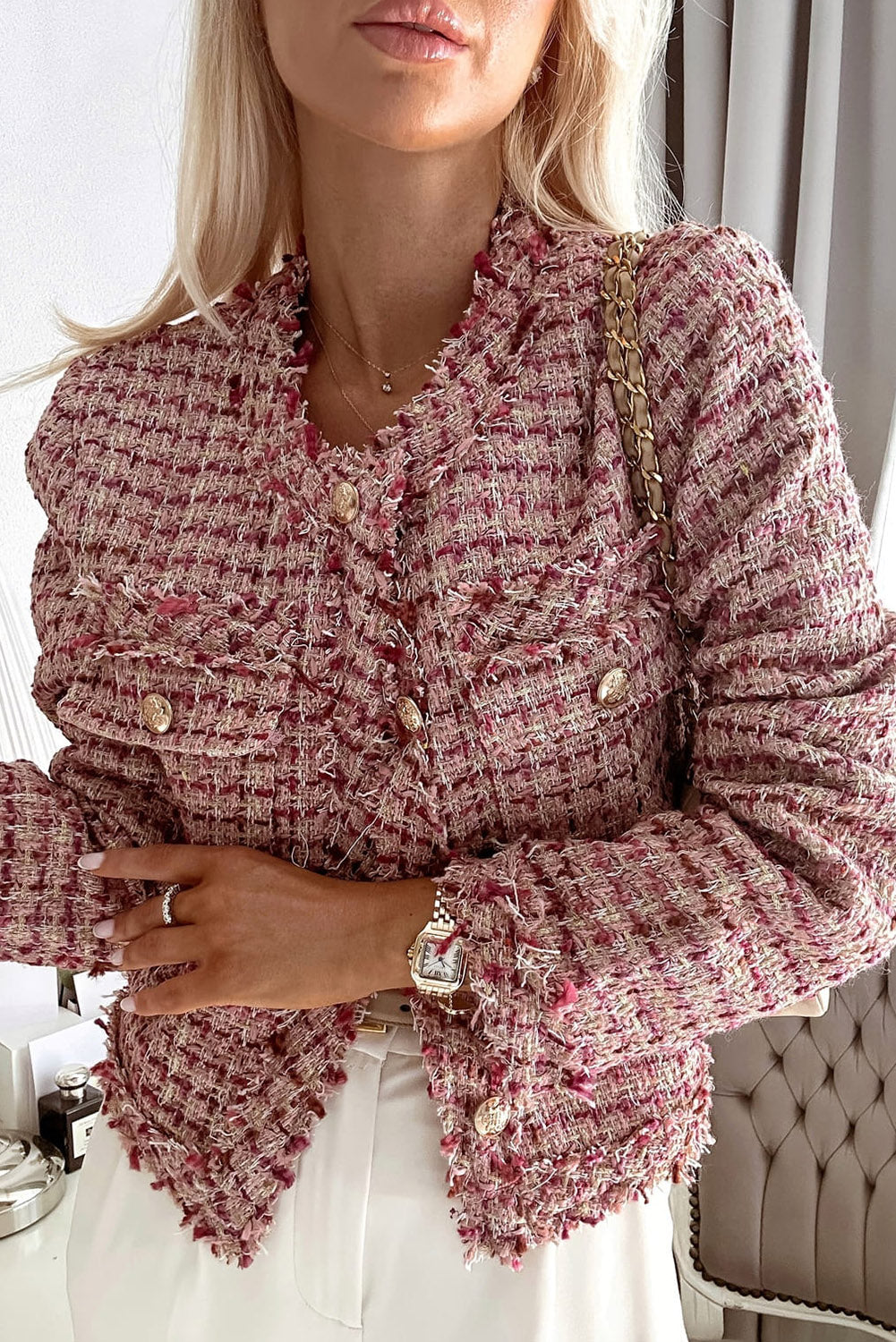 Rose Pink Metal Buckle Tweed Jacket Outerwear JT's Designer Fashion