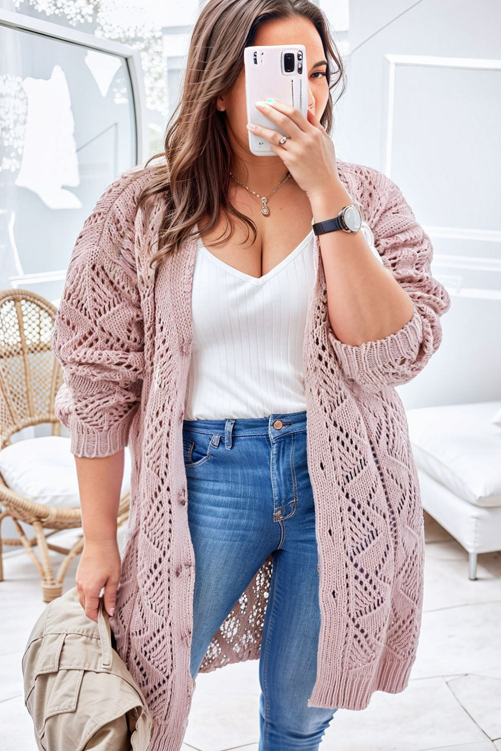 Pink Open Knit Button-Up Plus Size Cardigan Plus Size JT's Designer Fashion